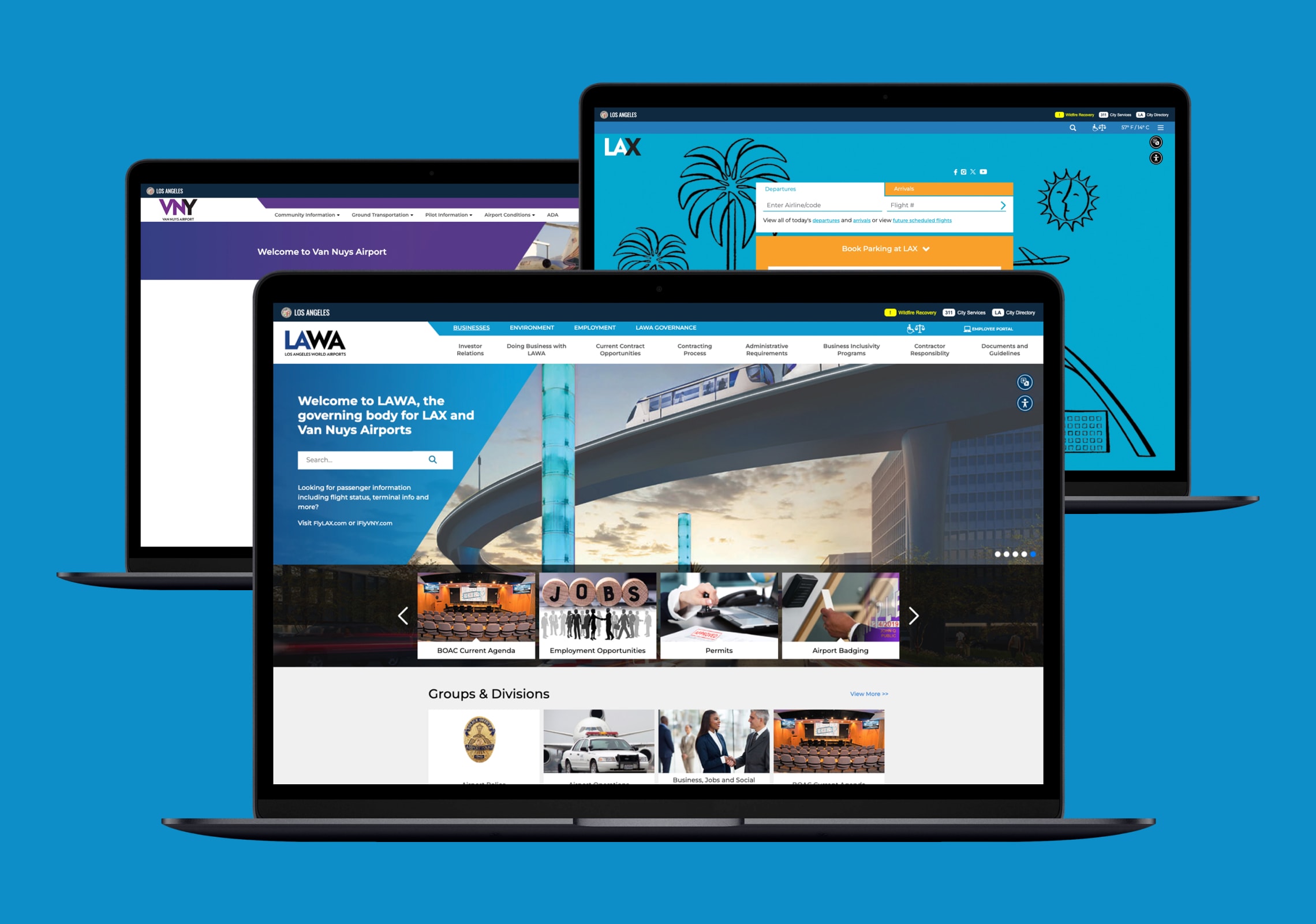 Three monitors showcasing all websites owned my LAWA