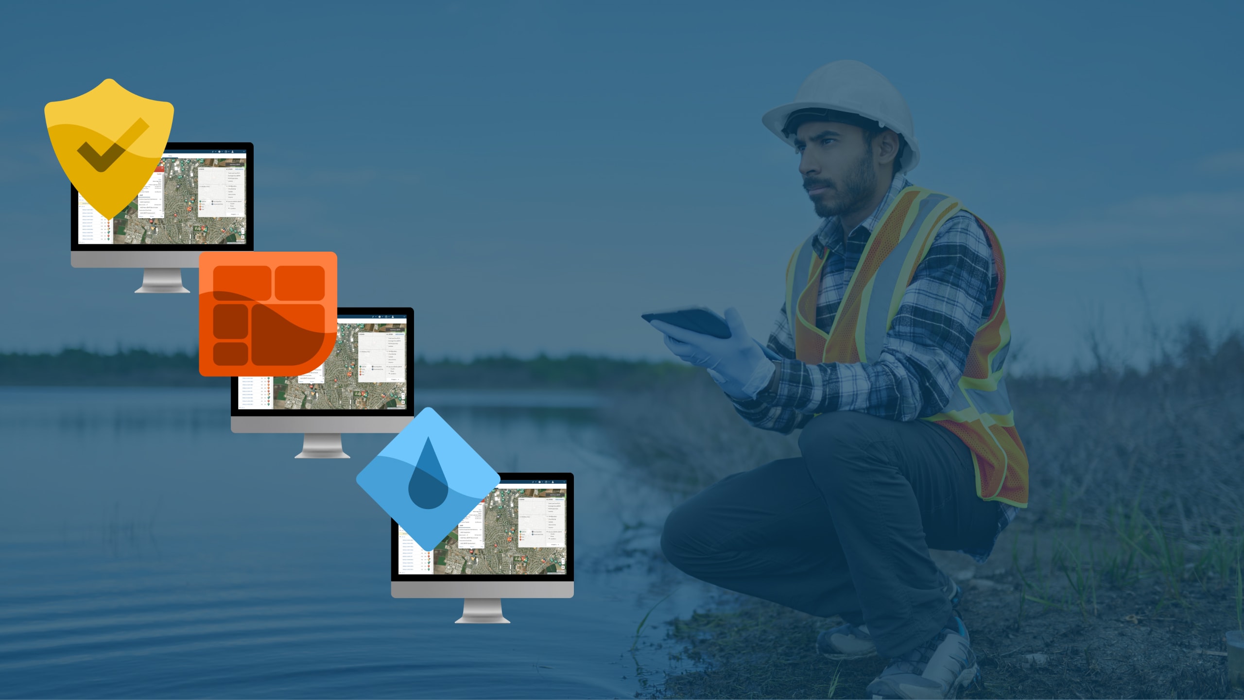 Environmental engineer using digital mapping tools by a lake.