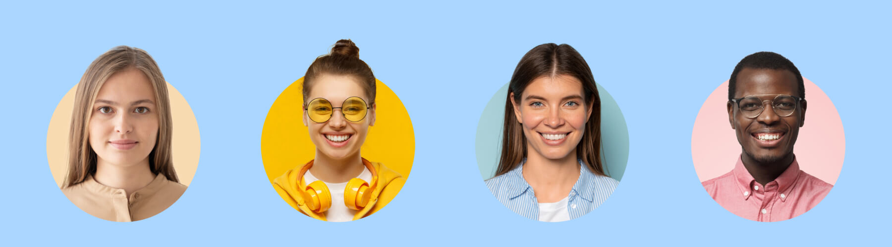Four diverse people smiling in colorful backgrounds.