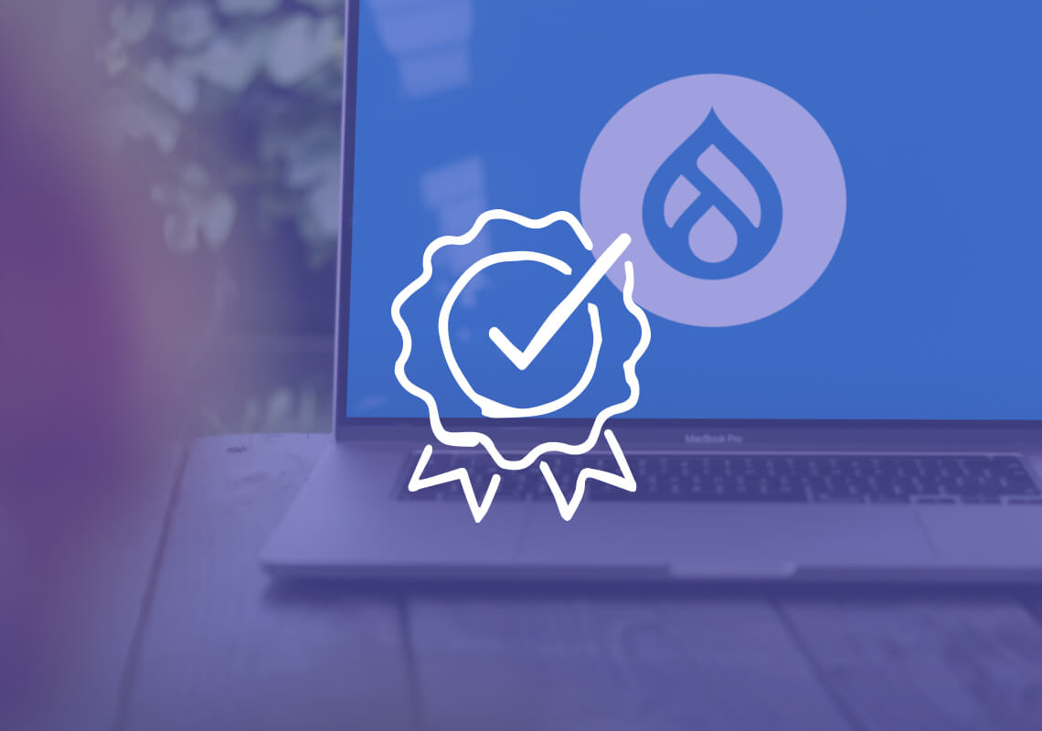 Laptop with Drupal logo and certification badge overlay