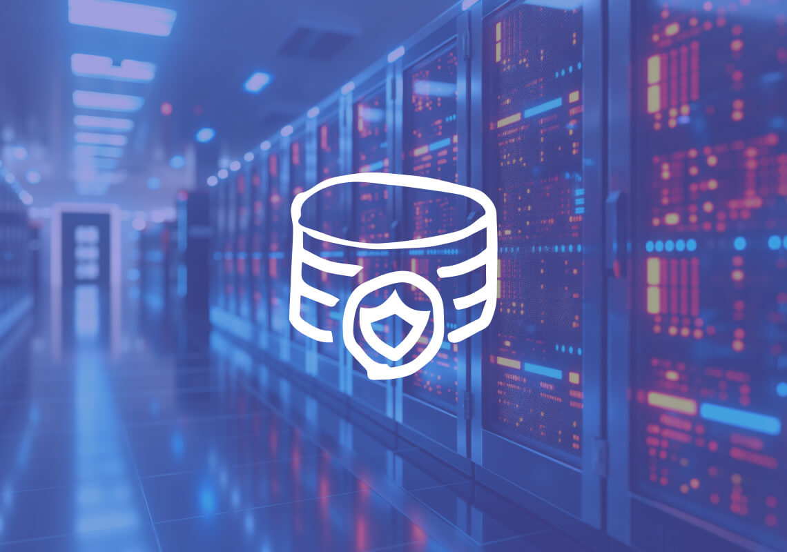 "Modern data center with illuminated server racks in a blue and red glow."