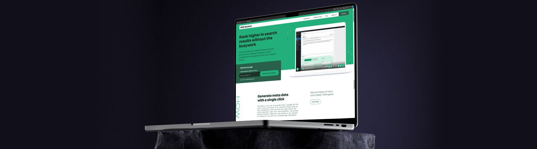 Laptop displaying a webpage about SEO tools and meta data optimization.