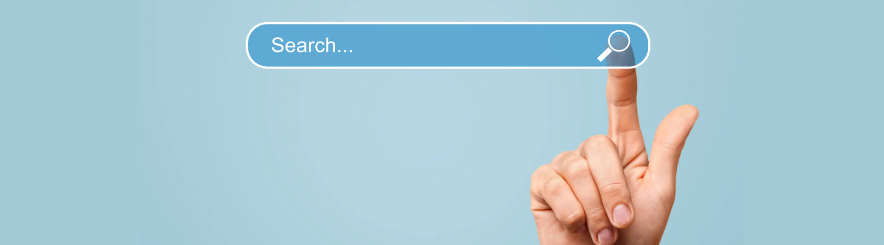 Finger pressing search button on light blue background.