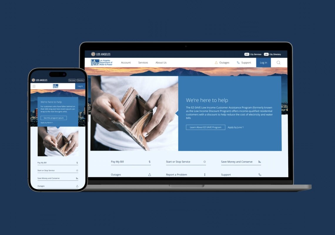 Mobile and laptop screens displaying LA DWP website for assistance programs