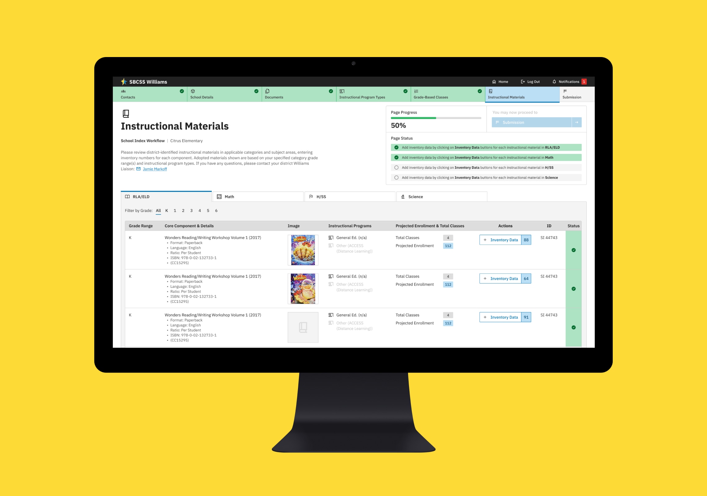 Classroom materials inventory management interface on computer screen.