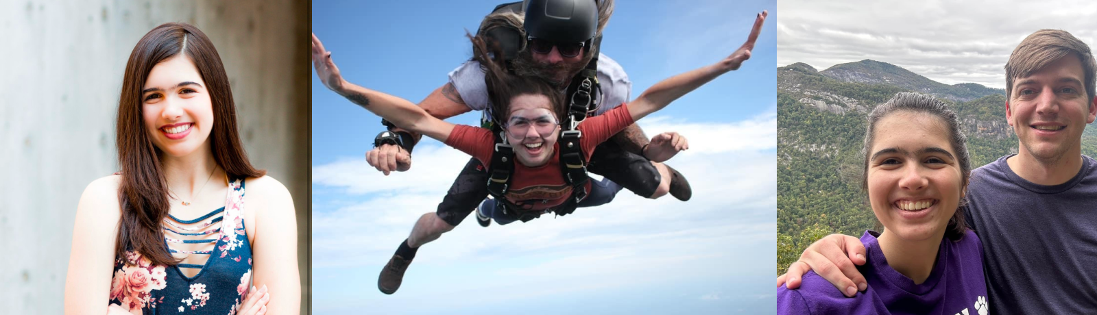 A woman posing outdoors, skydiving, and hiking with a man in a scenic mountain area.