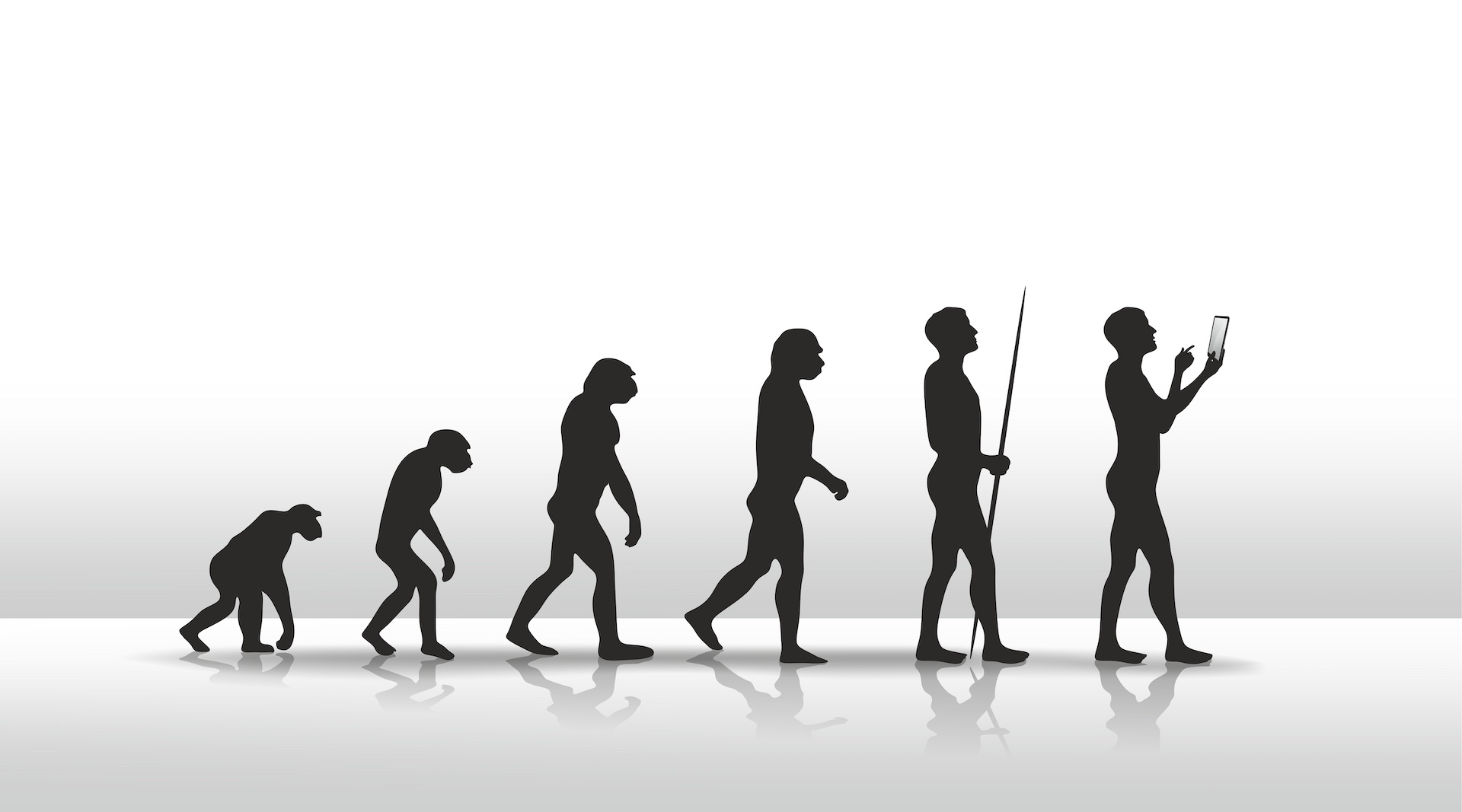 Evolution of humans from apes to technology users in silhouette.