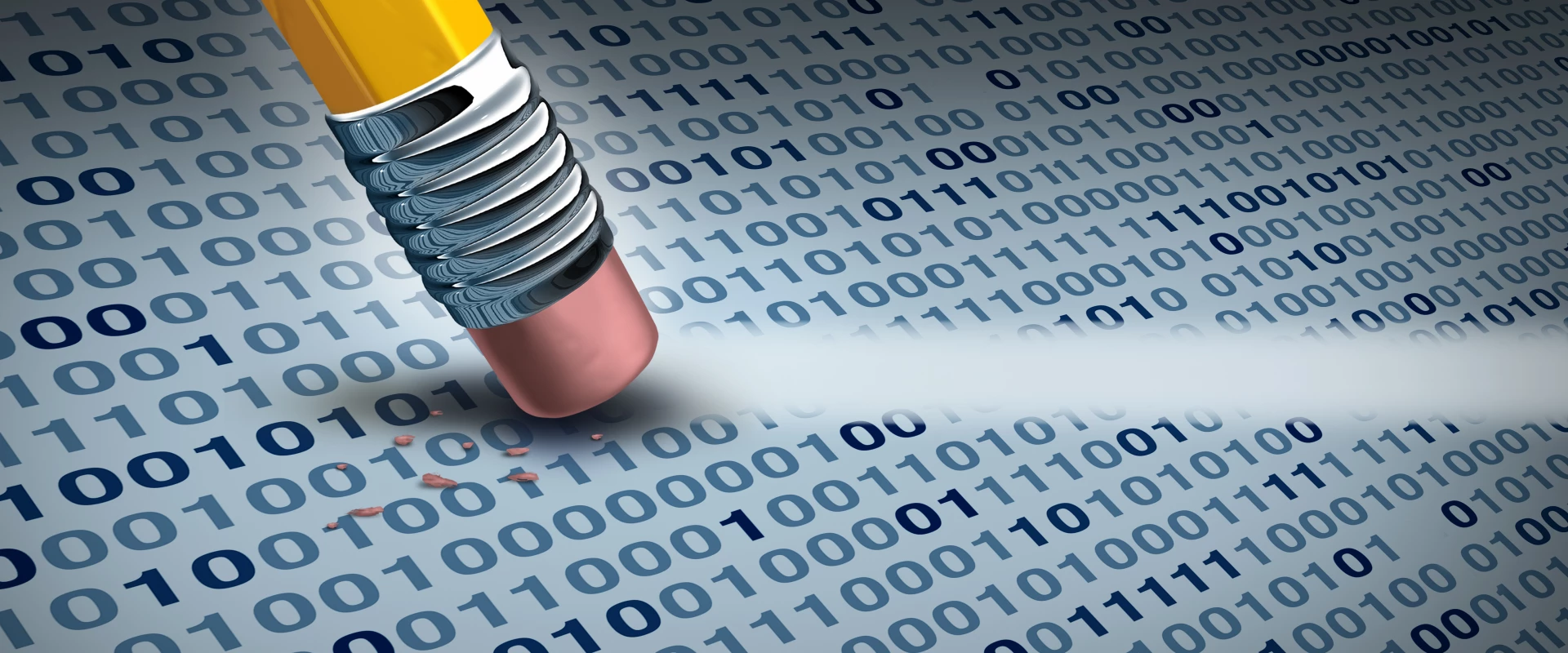 Pencil erasing binary numbers symbolizing data removal.