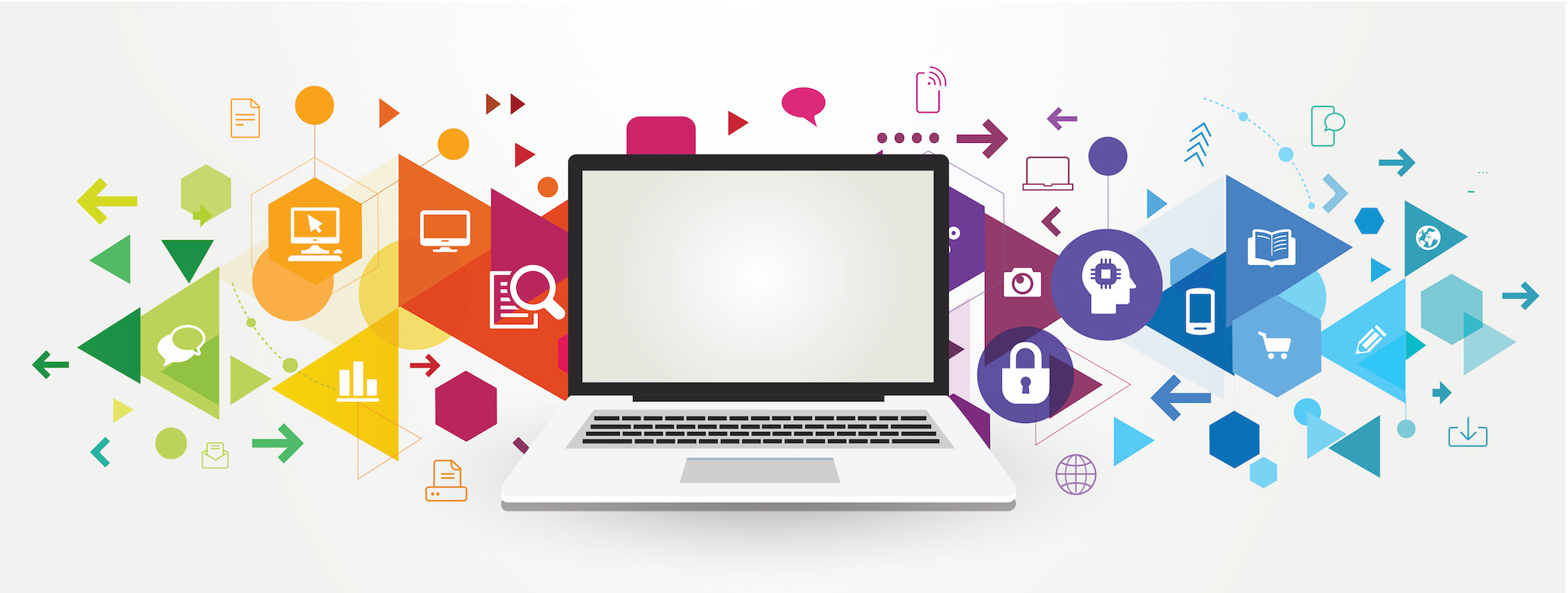 Laptop with colorful digital icons representing technology and communication.