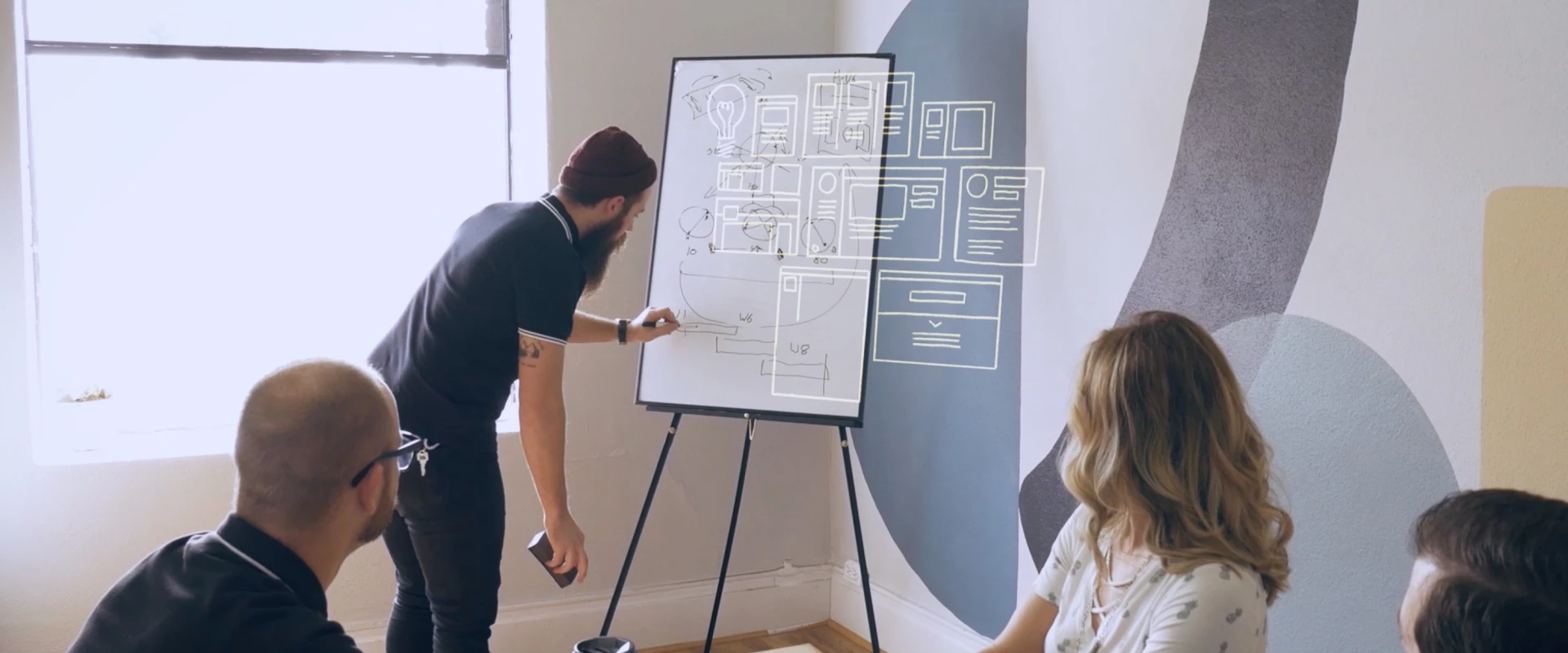 Team discussing web design concepts on a whiteboard.