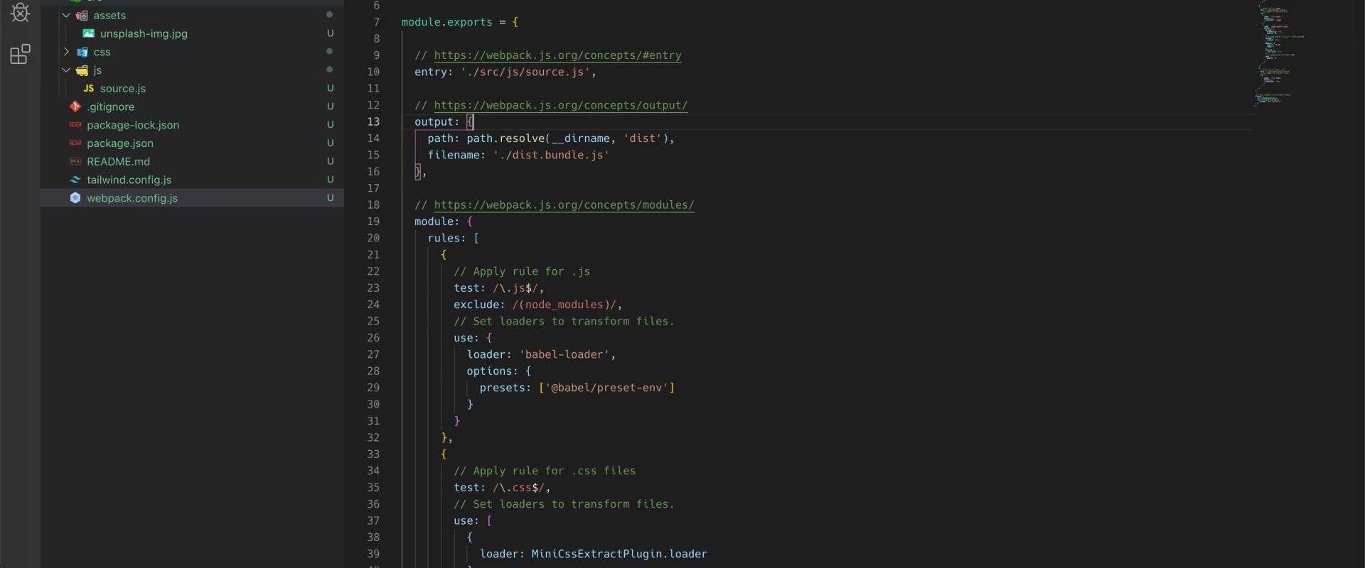 Visual Studio Code with webpack.config.js script file open in dark mode.