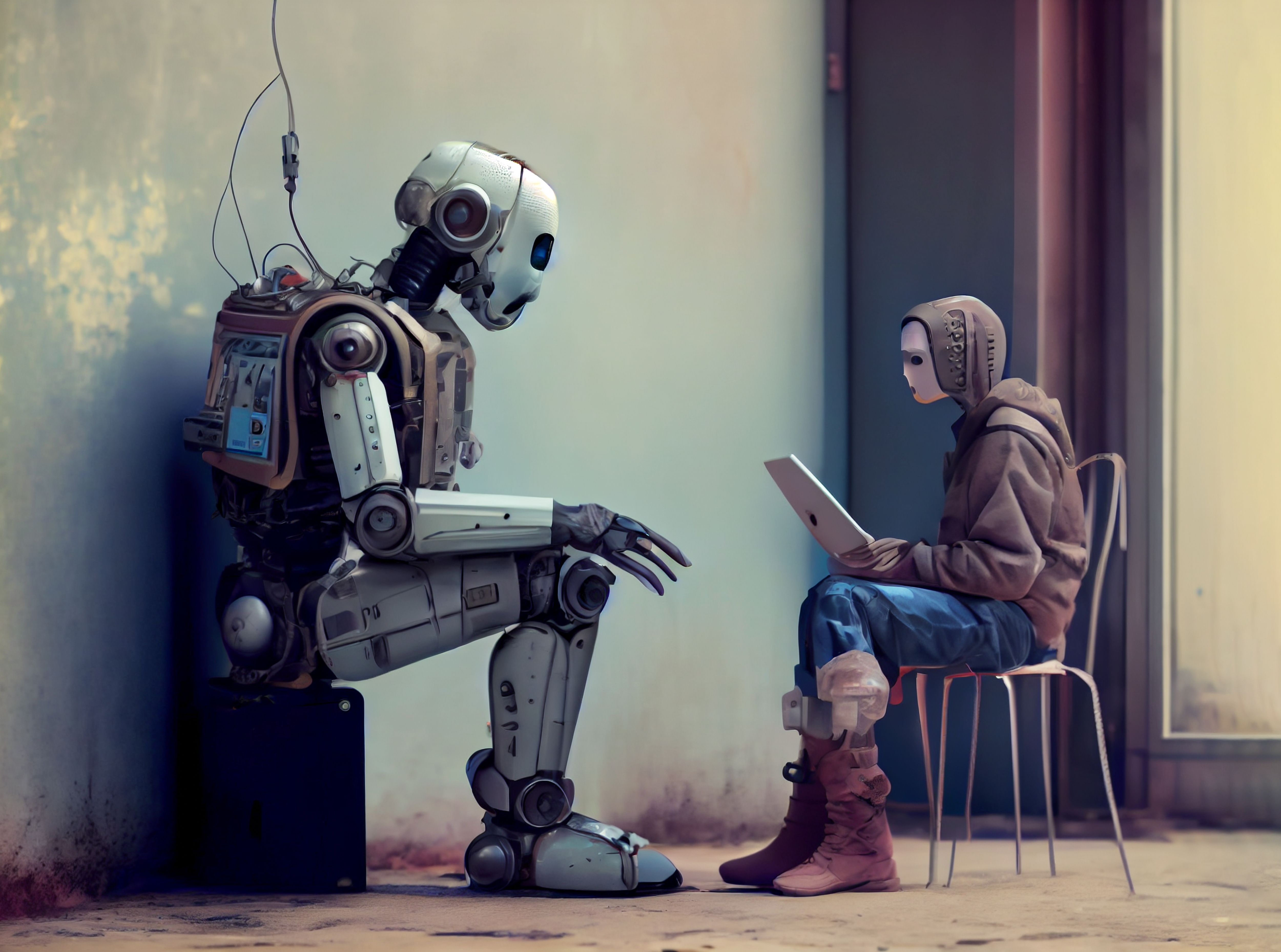 Humanoid robot and masked figure interact with technology in a futuristic setting.