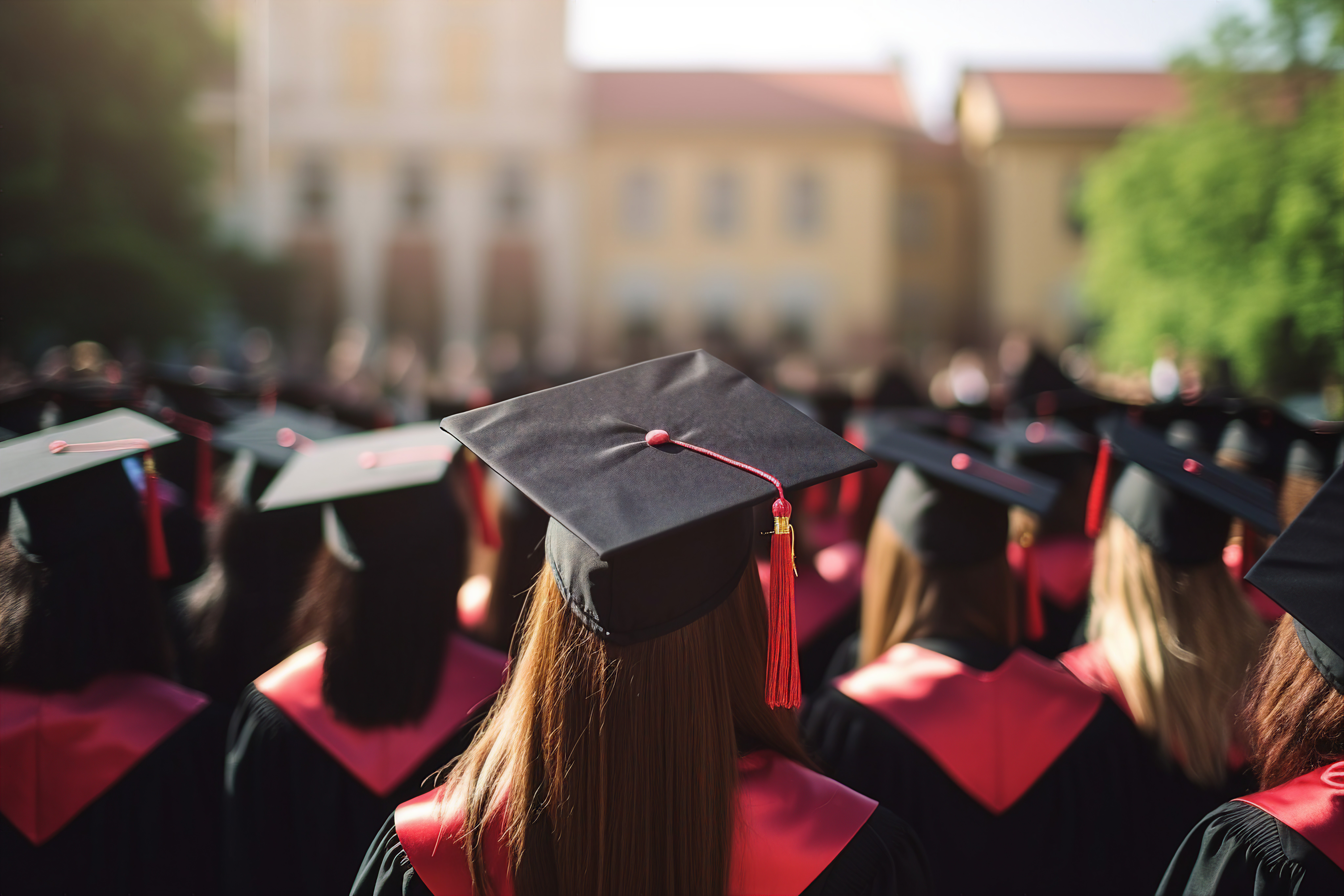 Graduates in caps and gowns at a commencement ceremony.