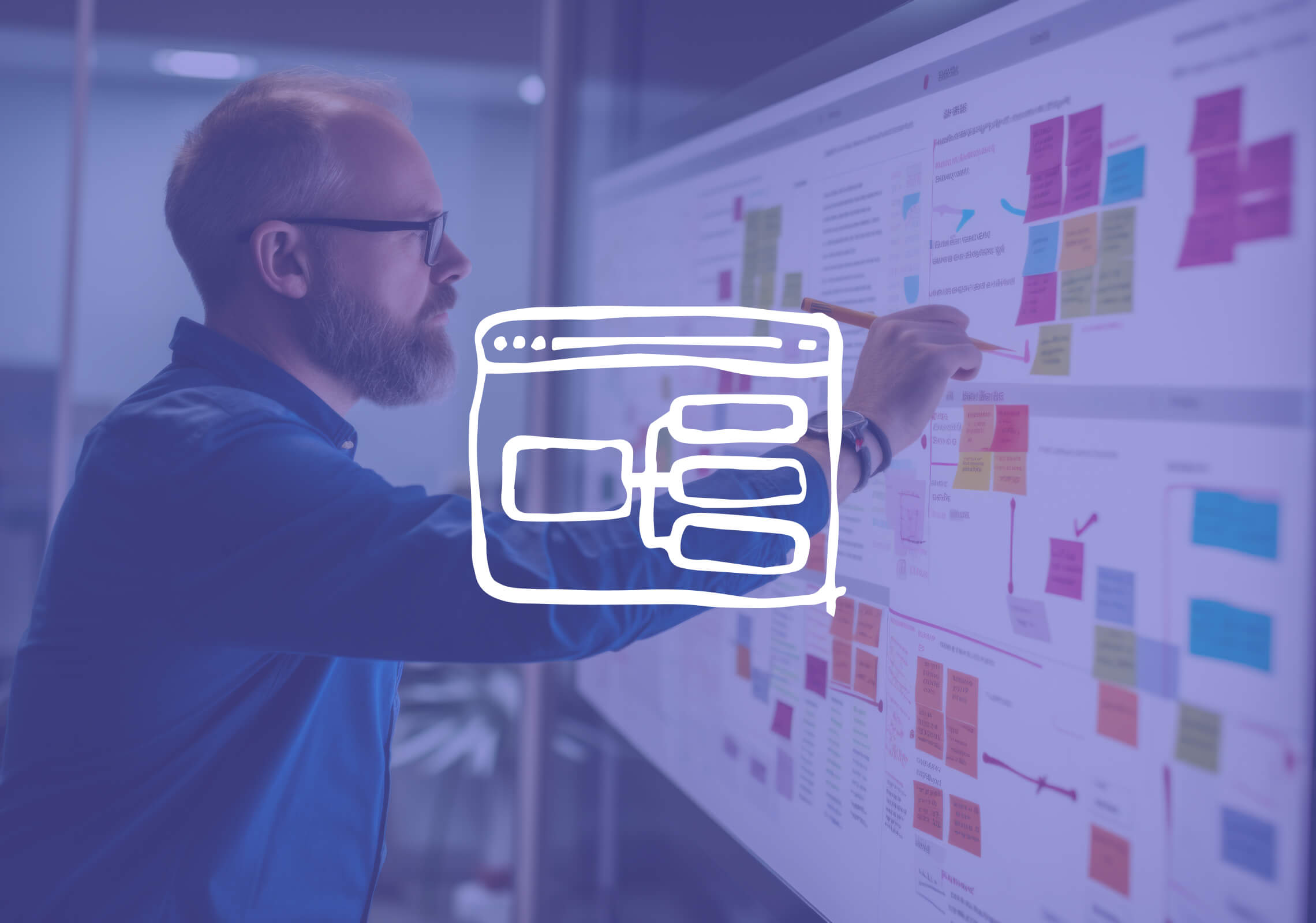Man planning website structure on a board with browser sketch overlay.