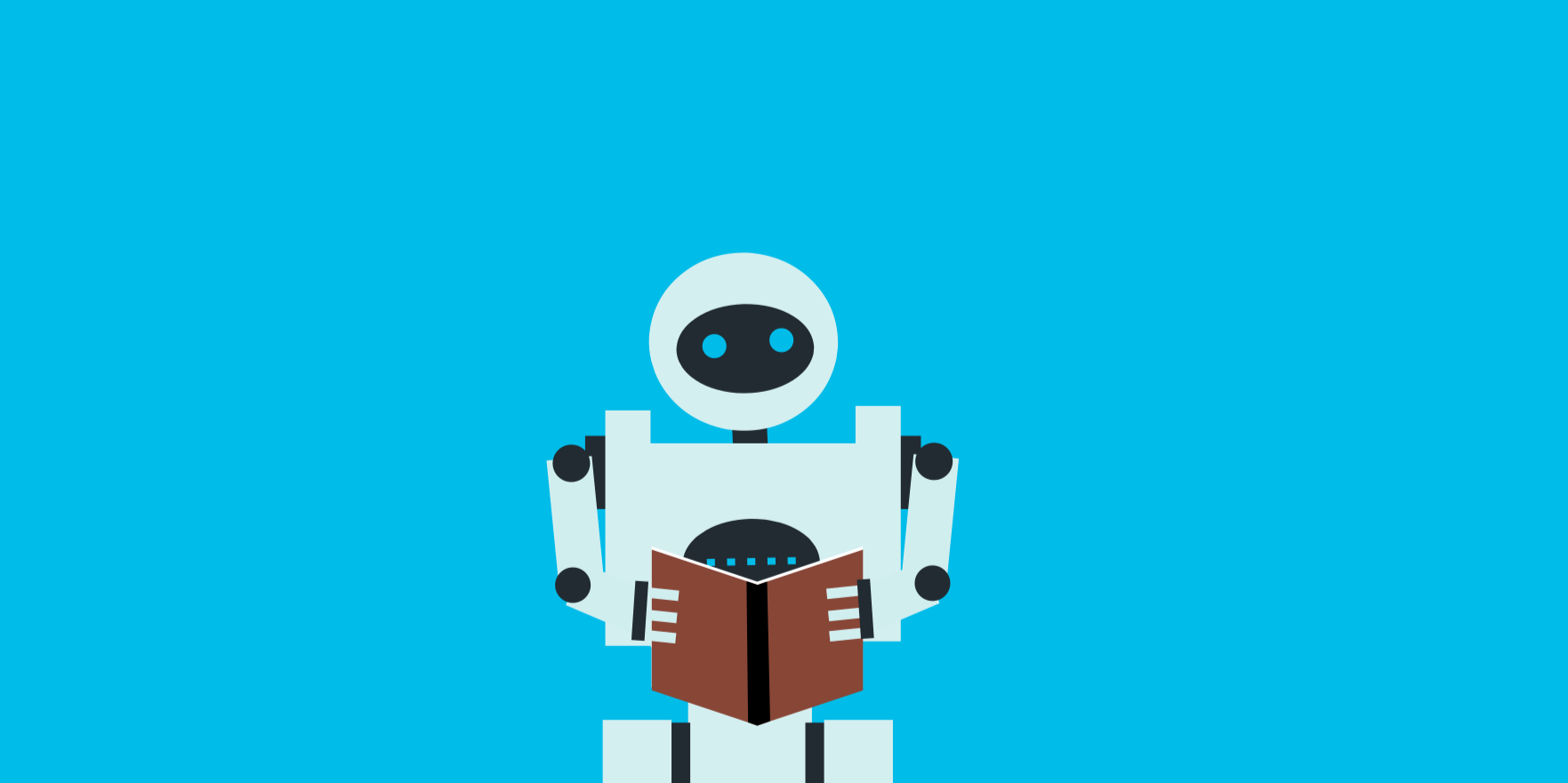 Robot reading a book on a blue background.