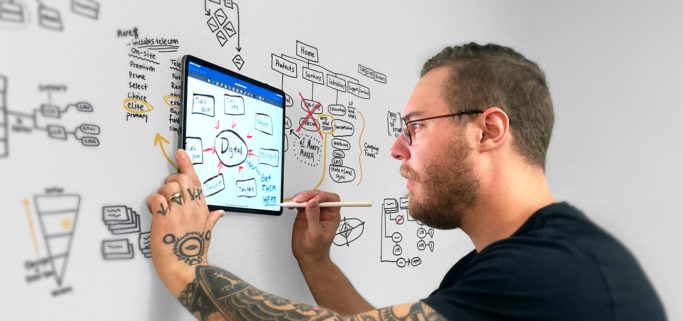 Person planning on digital tablet with creative wall diagrams.