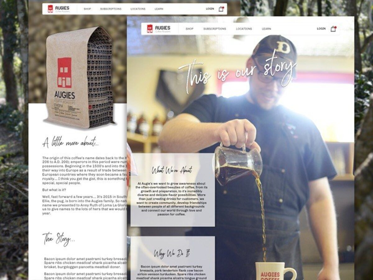 Augie's Coffee website showing a barista pouring coffee and product packaging.