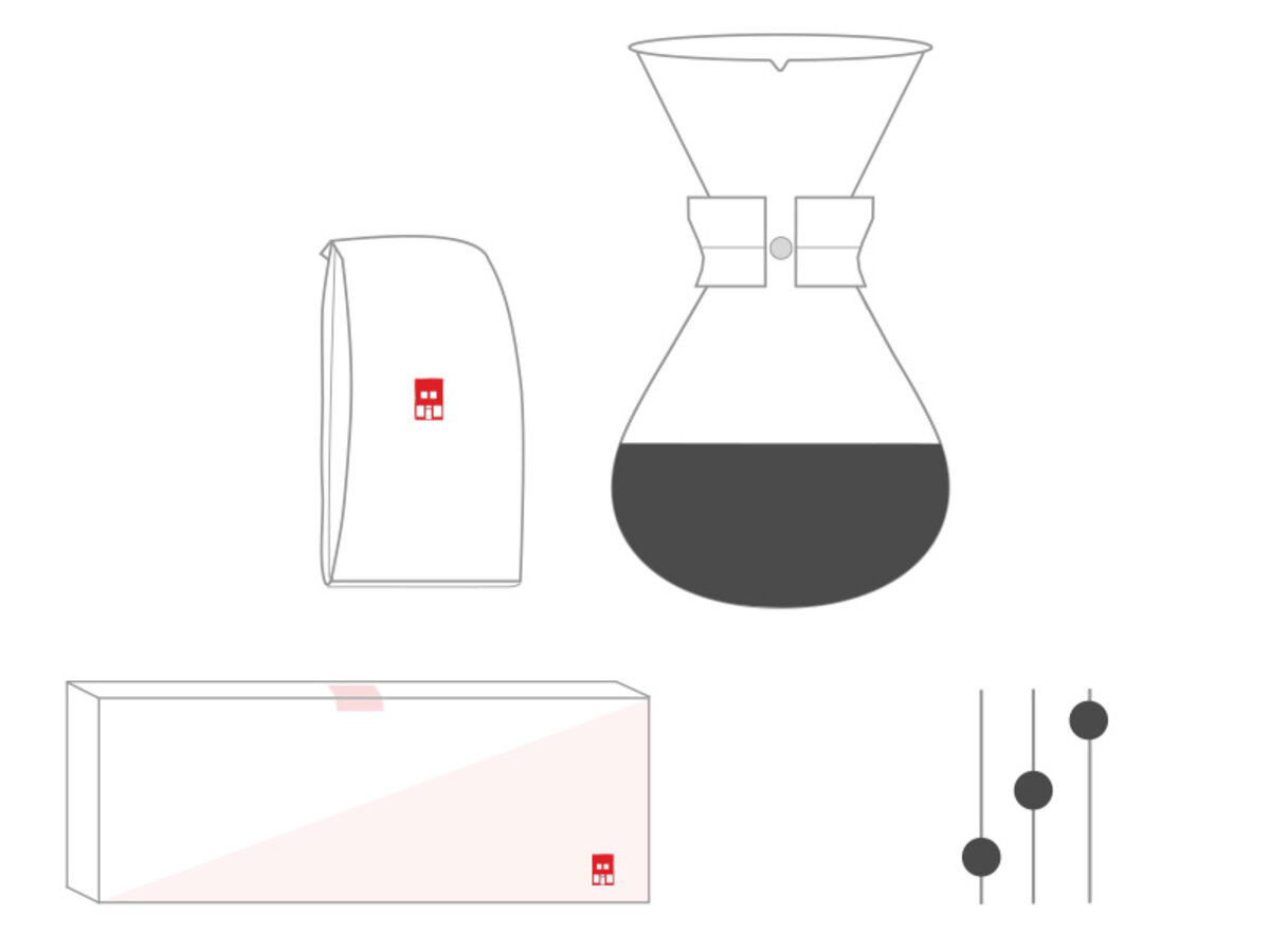 Minimalist illustration of a coffee maker, packaging, and controls.