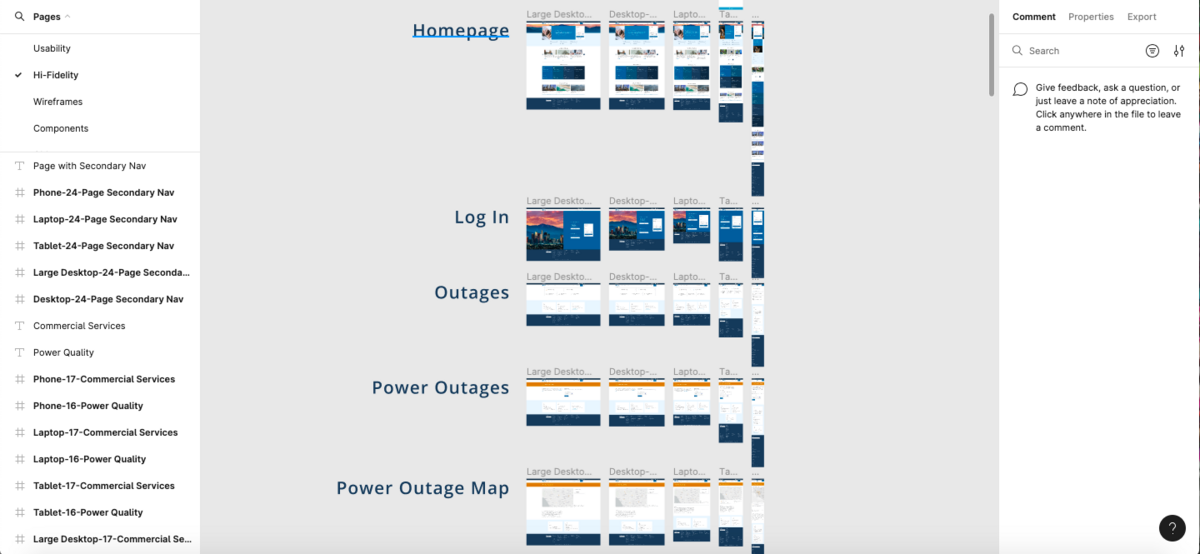 Website wireframe designs for various page categories, including Homepage, Log In, and Power Outages.