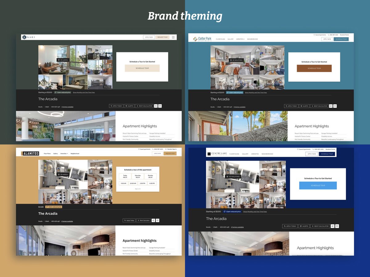 Apartment website branding themes showcasing interior design photos.