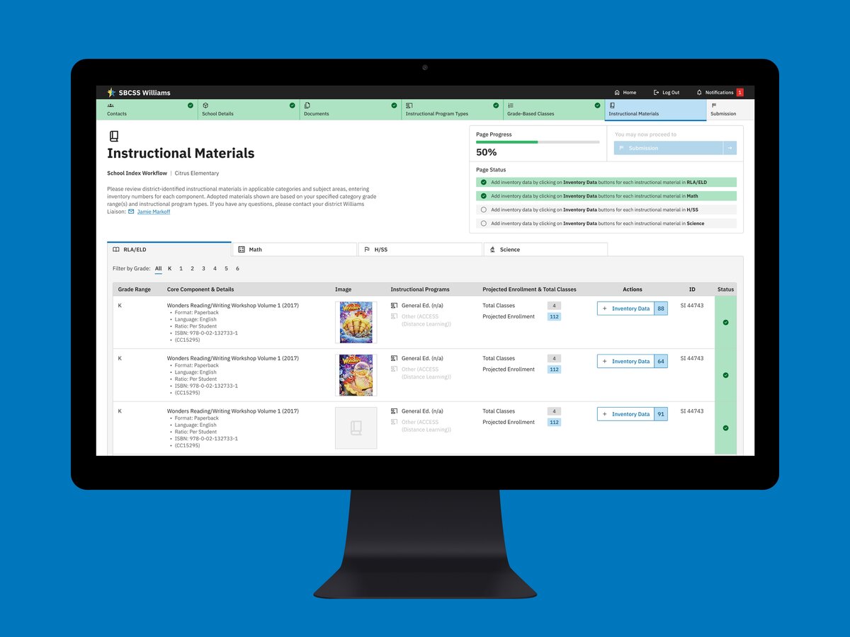 Instructional materials dashboard on a computer screen for school management.