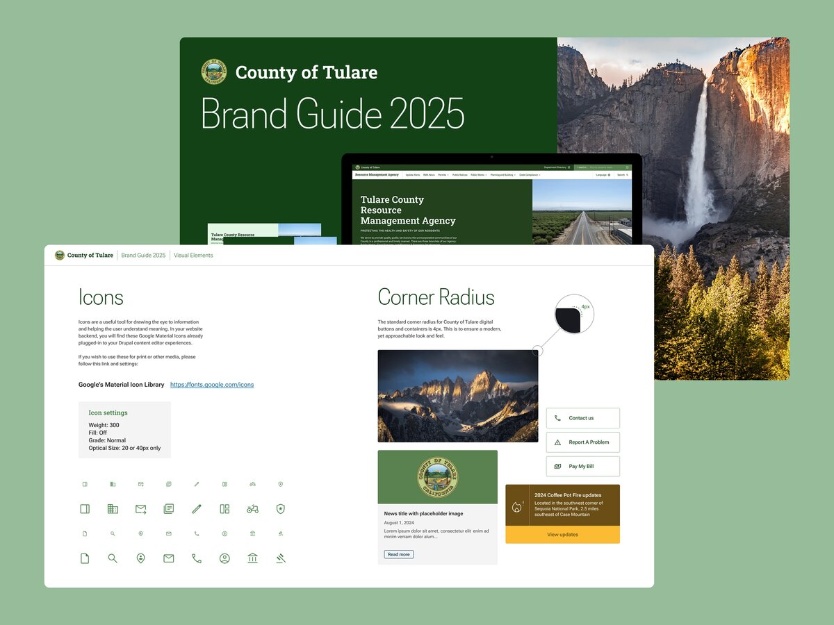 "County of Tulare Brand Guide 2025 showcasing icons and corner radius."