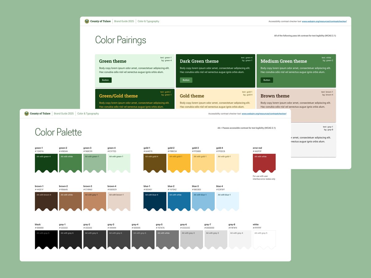 Color guide with pairings and palette for County of Tulare brand guide.