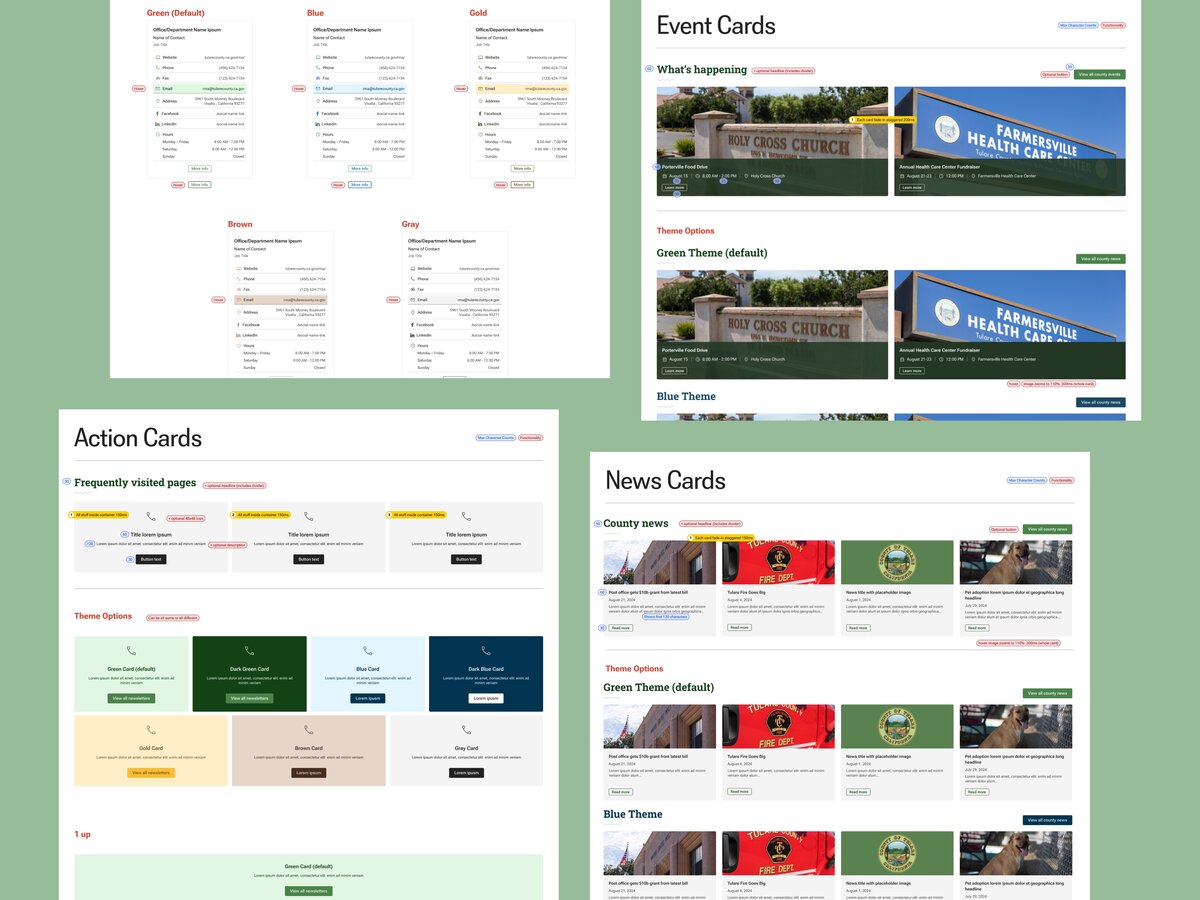 Dashboard displaying event, action, and news cards with various color themes.