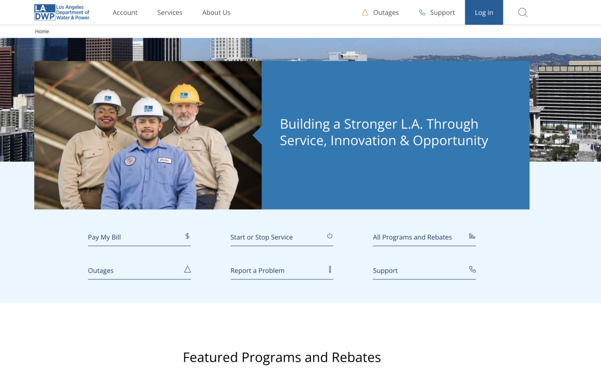 "LADWP workers with helmets in front of cityscape and service options."