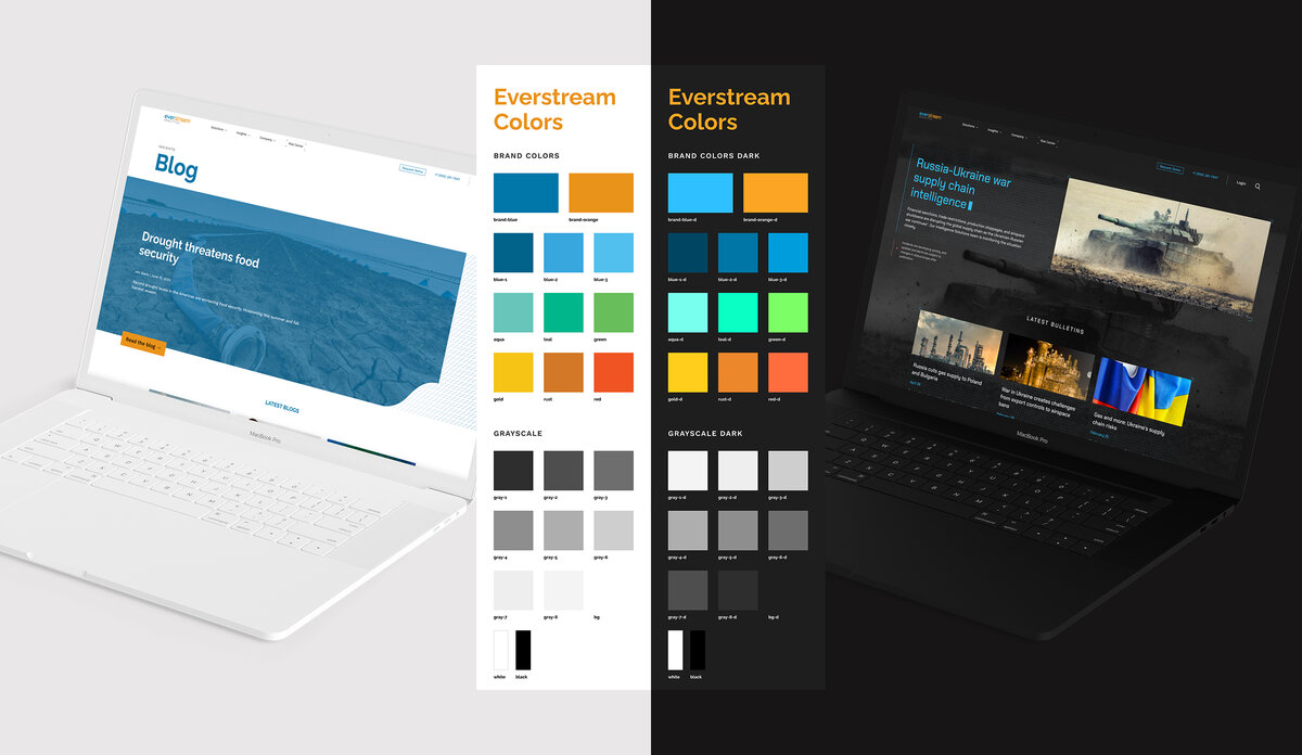 Two laptops with contrasting website designs and color palettes displayed, showcasing a blog and news interface.