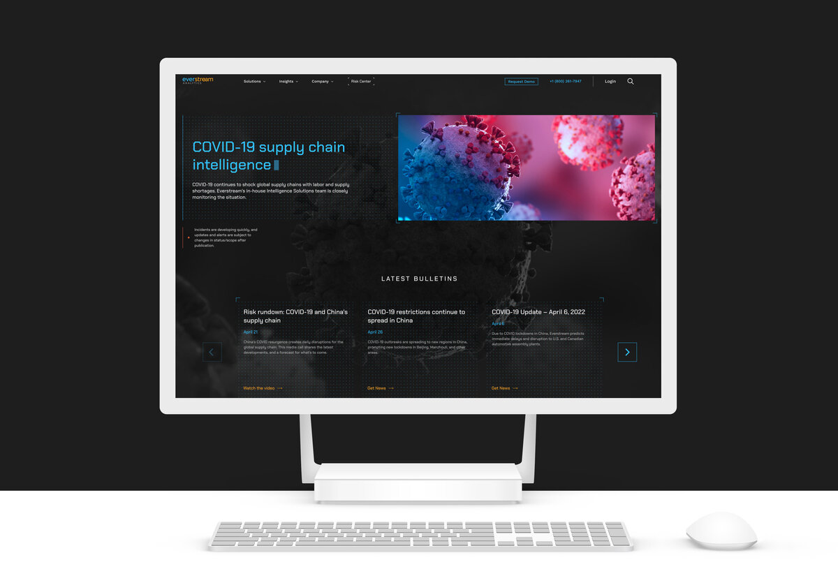 Computer screen displaying COVID-19 supply chain intelligence web page.