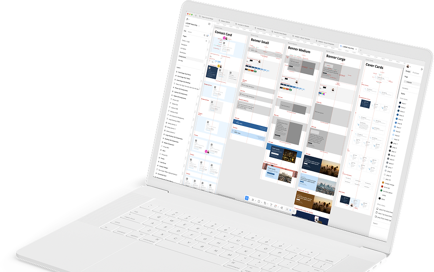 White laptop angled with a design tool open showing multiple UI layout boards.