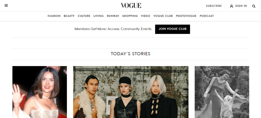 Vogue homepage showcasing today's featured stories and fashion highlights.