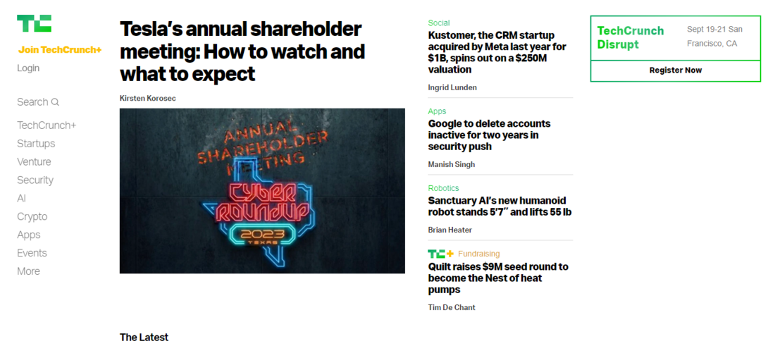 Tesla's annual shareholder meeting details on TechCrunch webpage.