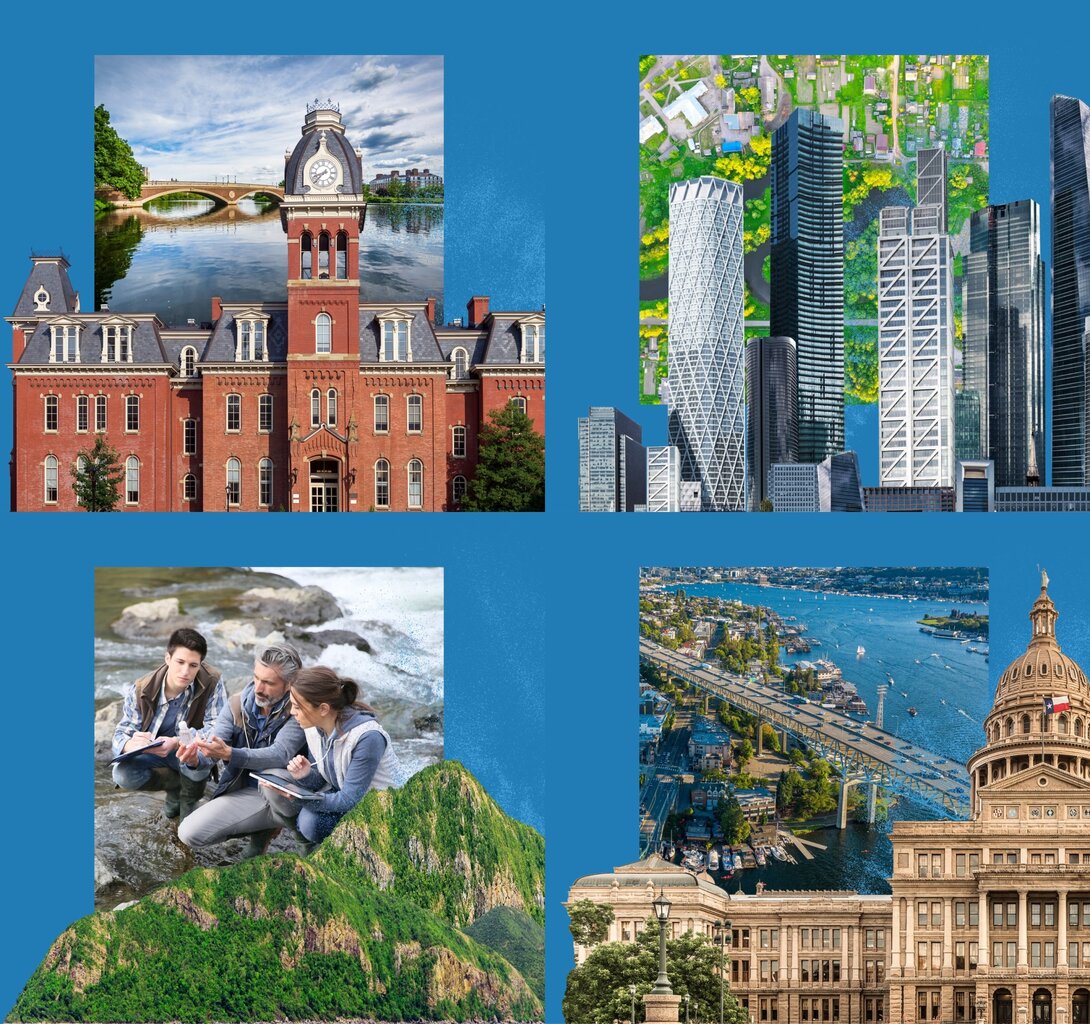 Collage of historic building, urban skyline, river fieldwork, and cityscape with capitol.