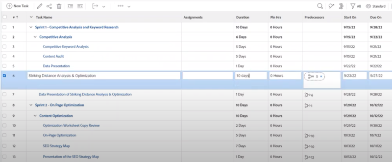 Project management spreadsheet with task names, durations, and dates.