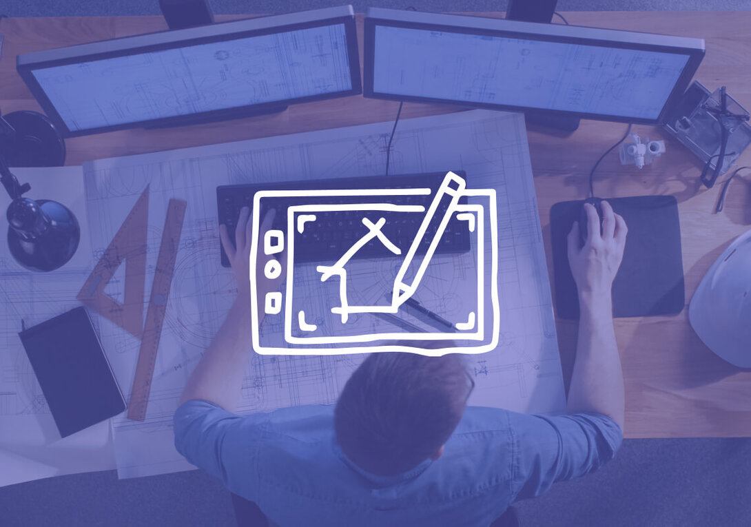 Architect at desk with monitors and blueprint illustration overlay.