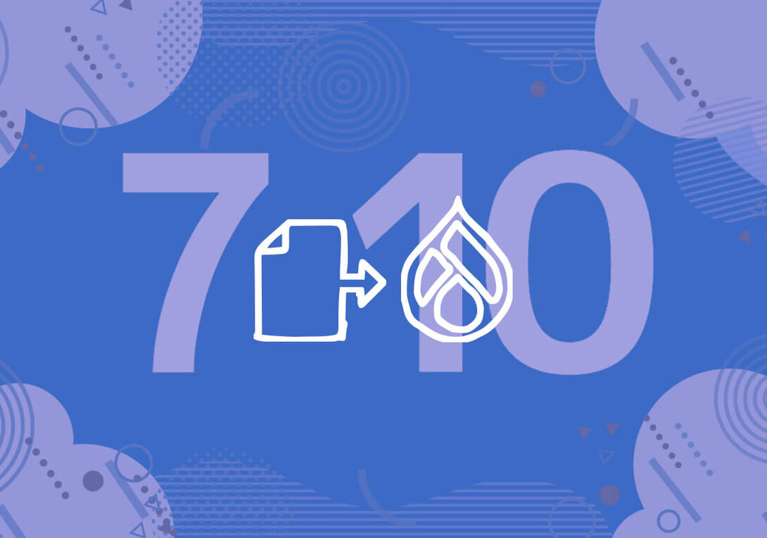 Drupal 10 upgrade illustration with file icon on a blue abstract background.