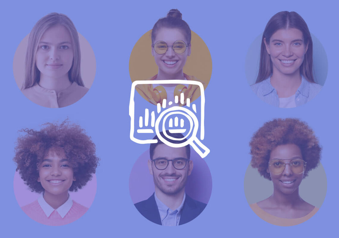 Diverse people smiling with data analysis icon overlay.