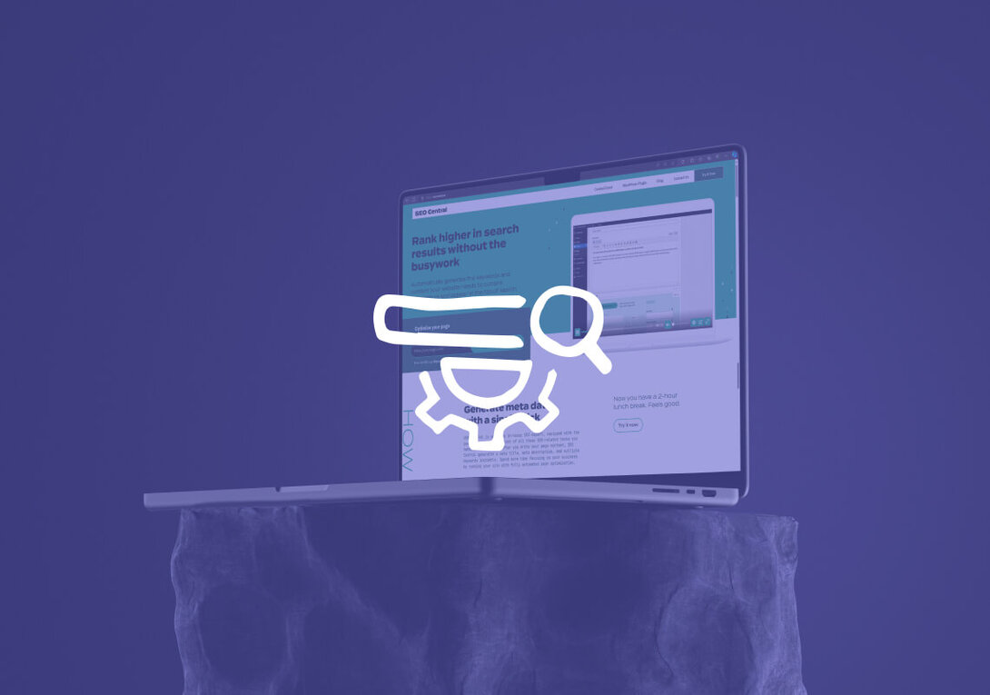 Laptop displaying SEO optimization screen with search and settings icon overlay.