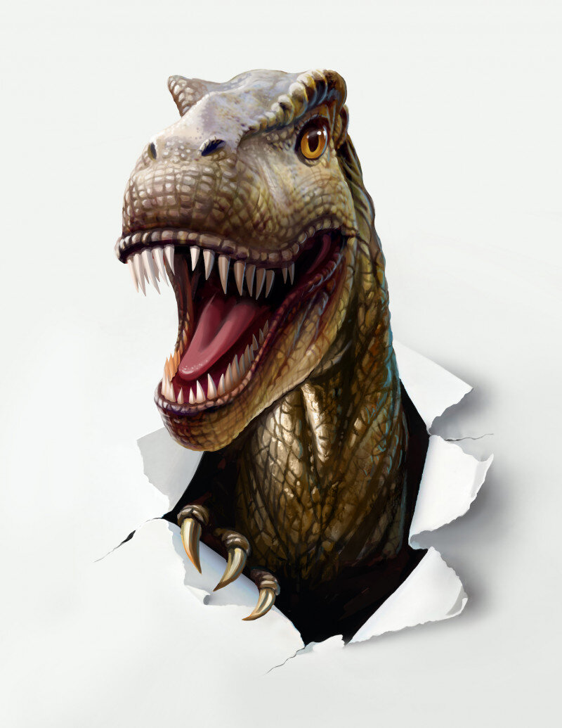 T-rex bursting through paper with an open mouth and sharp teeth.