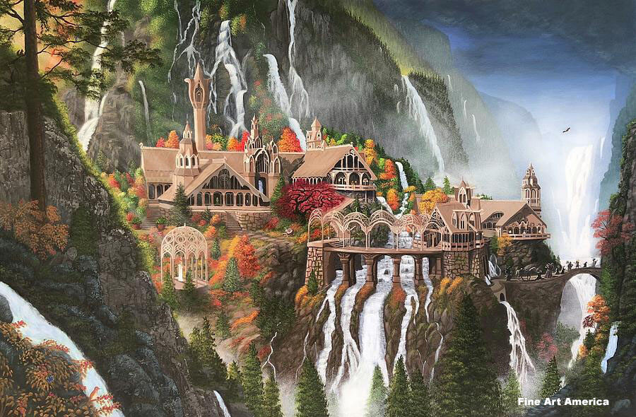Fantasy elven city with waterfalls and autumn trees nestled in a lush mountain landscape.