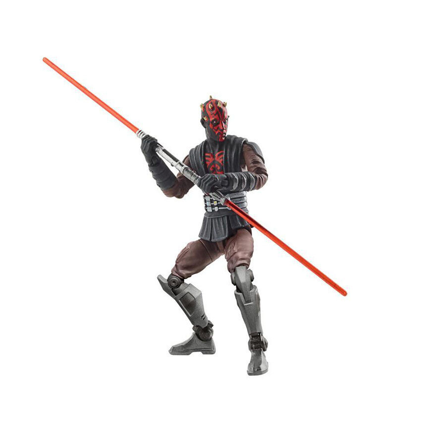 Action figure holding double-ended red lightsaber in combat pose.