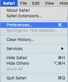 Safari menu showing Preferences option highlighted for settings adjustment.