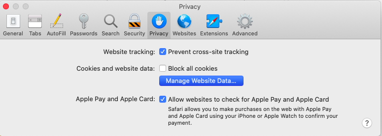 Safari Privacy settings window showing tracking and cookies options.
