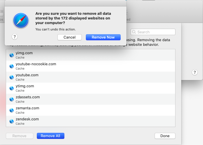 Safari browser prompt to remove stored website data on computer.