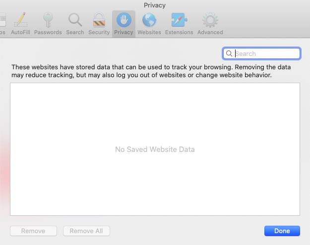 Safari privacy settings showing no saved website data.