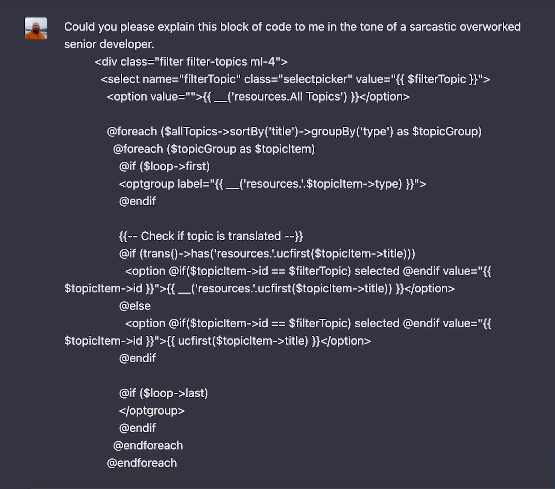Code snippet with sarcastic explanation request to a senior developer.