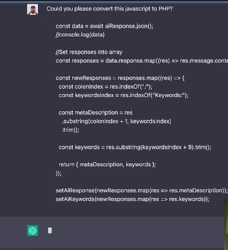 JavaScript code snippet on a screen requesting conversion to PHP.