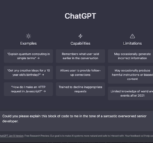 ChatGPT interface showing examples, capabilities, and limitations.
